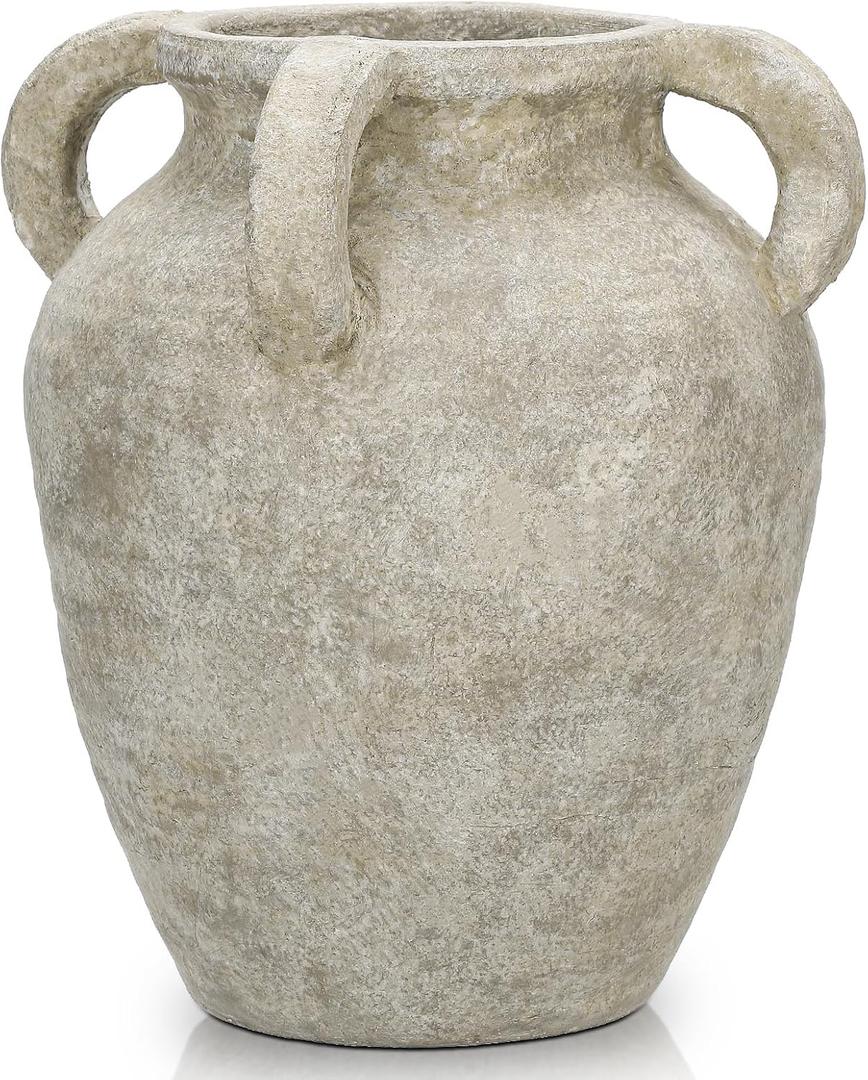 Handmade Flower Vase, 9.8" Tall Terracotta Vase, Vintage Ceramic vase, Rustic Green Antique Decor with 4 Handles, Wide Mouth, Matte Finish for Home Office Resto Café Décor