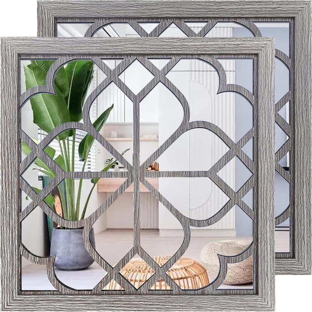 Wocred 2 PCS Square Wall Mirror,Gorgeous Rustic Farmhouse Accent Mirror,Barn Wood Color Entry Mirror for Bathroom Renovation,Bedrooms,Living Rooms and More(20x20)