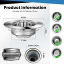Upgraded 3 in 1 Kitchen Sink Drain Strainer - Stainless Steel Sink Stopper, Anti-Clogging Sink Food Catcher Basket, Fast Drainage Odor Filter Sink Plug for US Standard 3 1/2 inch Drain (Silver-2Pack)