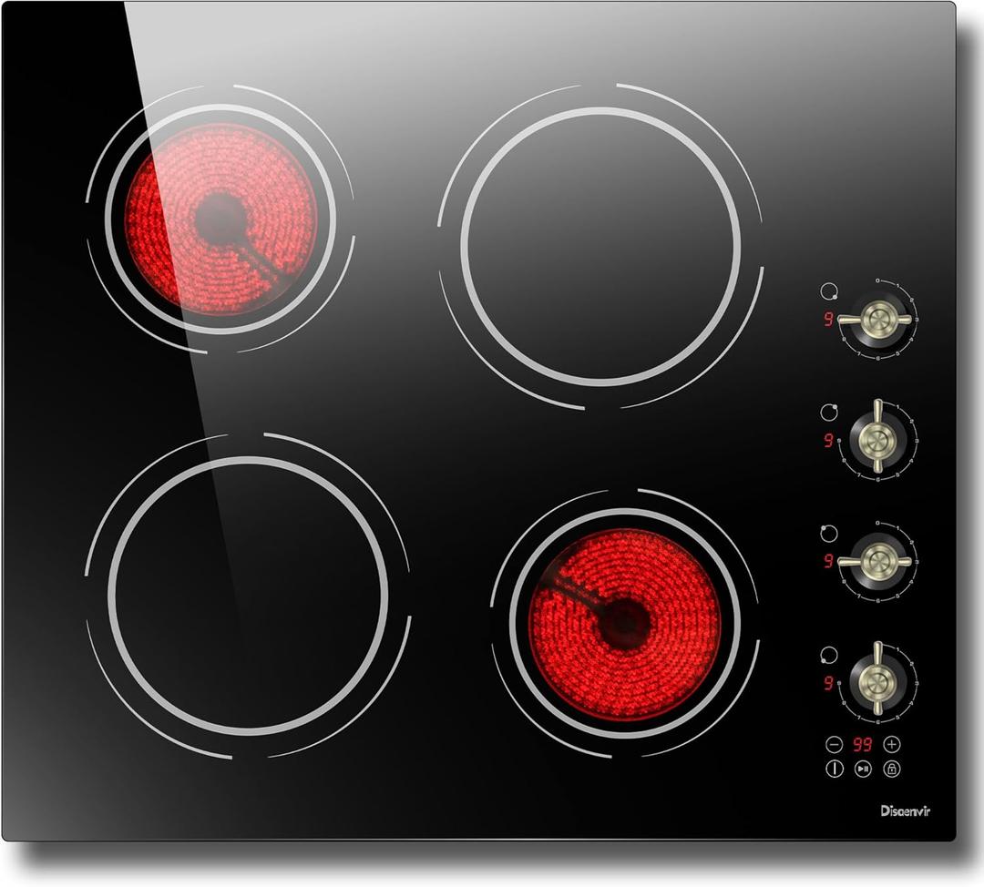 24 Inch Electric Cooktop - 4 Burner Drop-in Glass Ceramic Stove Top 6000W, 220V Radiant Electric Stove, 9 Power Level, Pause Key, Safety Lock, Touch & Knob Control, 240V Hard Wired (No Plug)