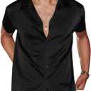 Runcati Mens Luxury Satin Silk Dress Shirts Casual Button Down Short Sleeve Prom Party Wedding Shirt, XL