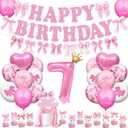 46Pcs Pink Bow Birthday Party Decorations Include Happy Birthday Banner-Cake Topper-Cupcake Toppers-Balloons-Backdrop for 7th Birthday Decorations for Girls