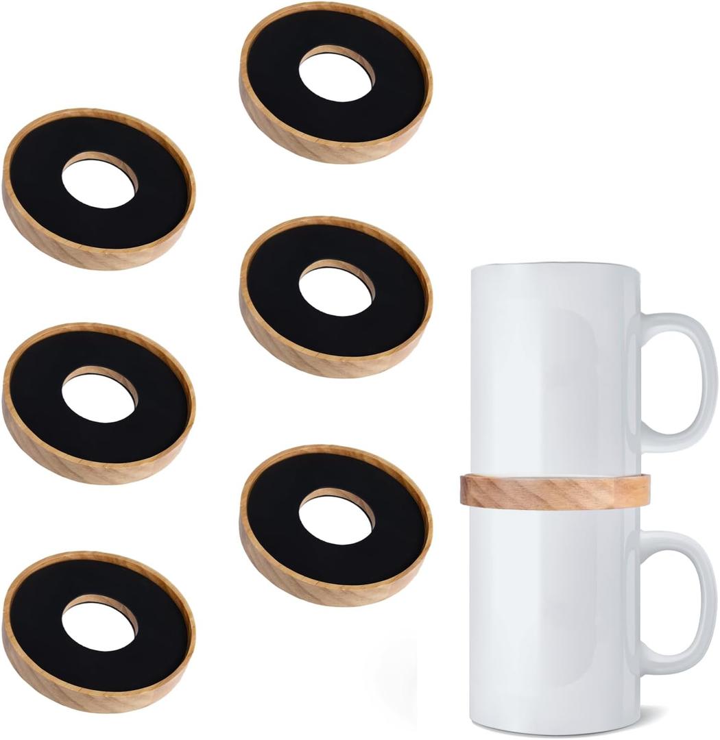 6 Pack Wooden Coffee Mug Stackers, Mug Organizer for Kitchen Cabinet,Equipped with Food Grade Non-Slip Pad,Only for Mugs with a Calibre 3.93 inches,Save Cupboard 50% Space