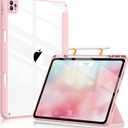 Soke Case for iPad Pro 12.9 Inch (6th/5th/4th/3rd Generation, 2022/2021/2020/2018) - Pencil Holder + Auto Sleep/Wake + Camera Protection, Transparent Shockproof Back Cover, Pink