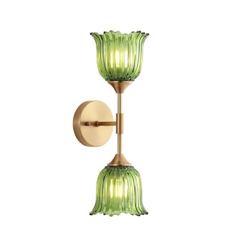 BYOLIIMA 2-Lights Gold Wall Sconce with Green Glass Shades Modern Mid Century Bathroom Vanity Wall Light Fixtures Industrial Brushed Brass Wall Lamp for Bedroom Mirror Living Room