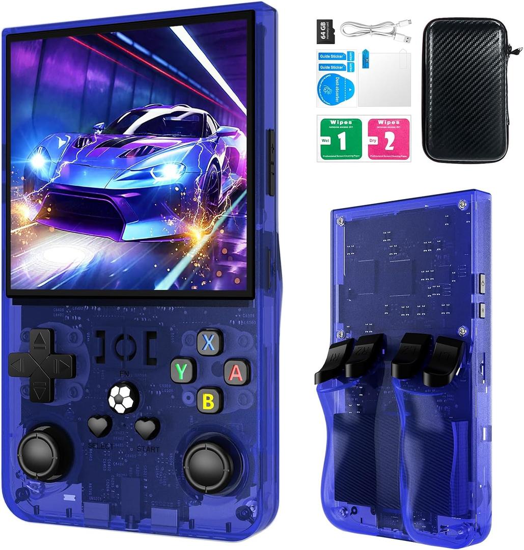 R36MAX Retro Handheld Games Console, Retro Game Console with 4.0 inch IPS HD Screen, Video Game Consoles with 64GB Memory, Portable Gaming Player for Travel, Gift for Teen or Partner, Blue