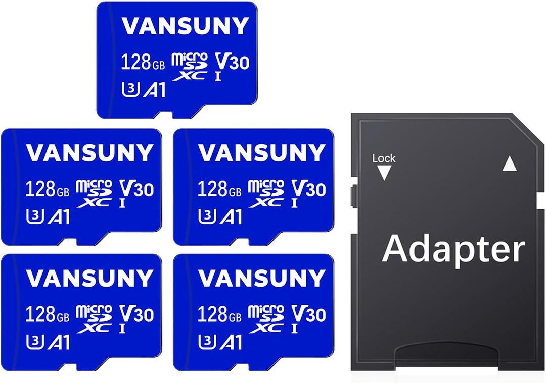 Vansuny Micro SD Card 128GB 5 Pack microSDXC Memory Cards with SD Adapter A1 App Performance V30 4K Video Recording C10 U3 Micro SD for Phone, Security Camera, Dash Cam, Action Camera