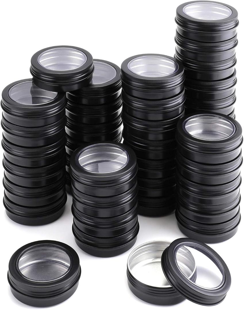Foraineam 40 Pack 2 Ounce Round Tins Screw Lid Containers with Clear Window Matte Black Metal Empty Tin Cans Aluminum Travel Storage Jars for Kitchen, Office, Candles, Candies, Gifts, Arts & Crafts