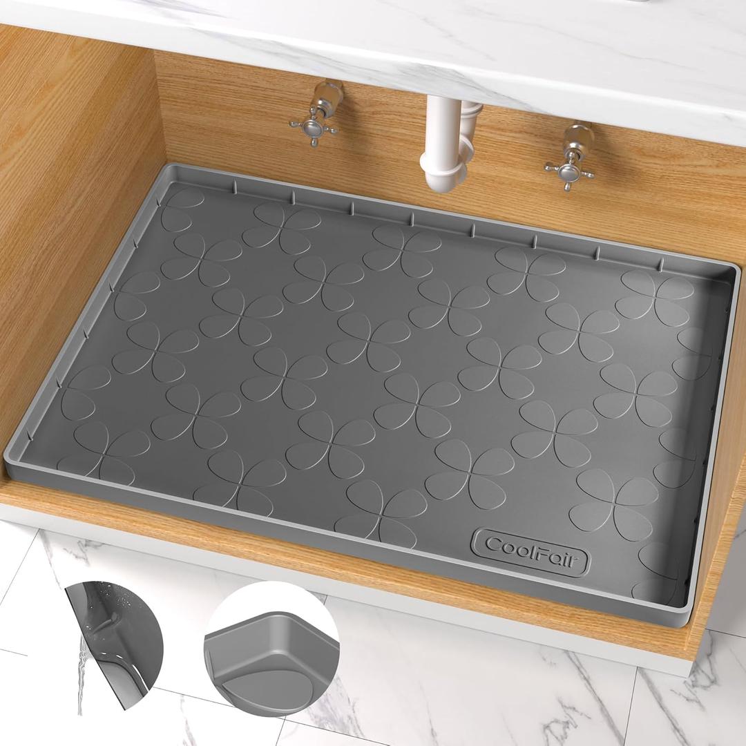 Waterproof Under Sink Mat, 34" x 22" Silicone Mat for Kitchen Bathroom, Cabinet Liner for Kitchen Organizers and Storage Sink Drip Tray, Leaks, Easy to Clean, Holds 3.3 Gallons - Gray