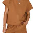 Dokotoo Women's 2 Piece Outfits Sweatsuit Casual Short Sleeve Pullover Tops and Drawstring Shorts Pants Lounge Sets (Brown, M)