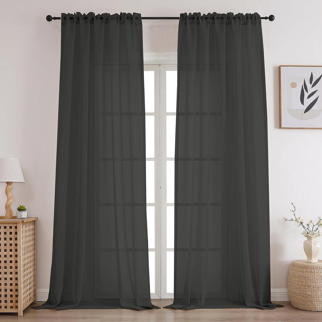 CUCRAF Grey Sheer Curtains 90 Inches Long 2 Panels Set, Semi Sheer Rod Pocket Window Treatment Voile Drapes for Living Room Bedroom(37''W x 90''L, Grey)