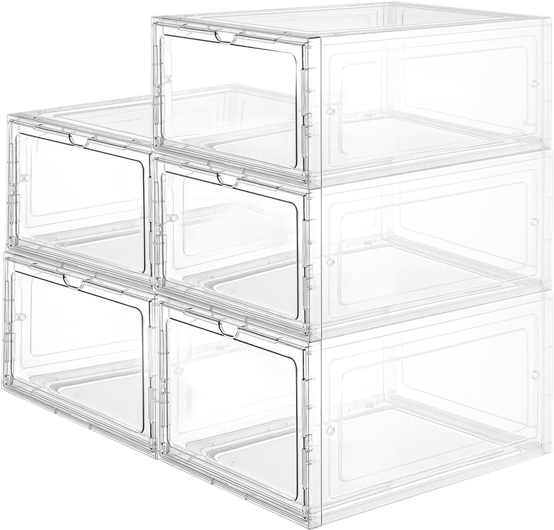 Clear Shoe Storage Boxes Stackable  Acrylic Shoe Box Organizer with Drop Front, Thicken & Sturdy Shoe Boxes for Kids Shoe Storage, Assemble Shoe Drawer Organizer, 6 Pack