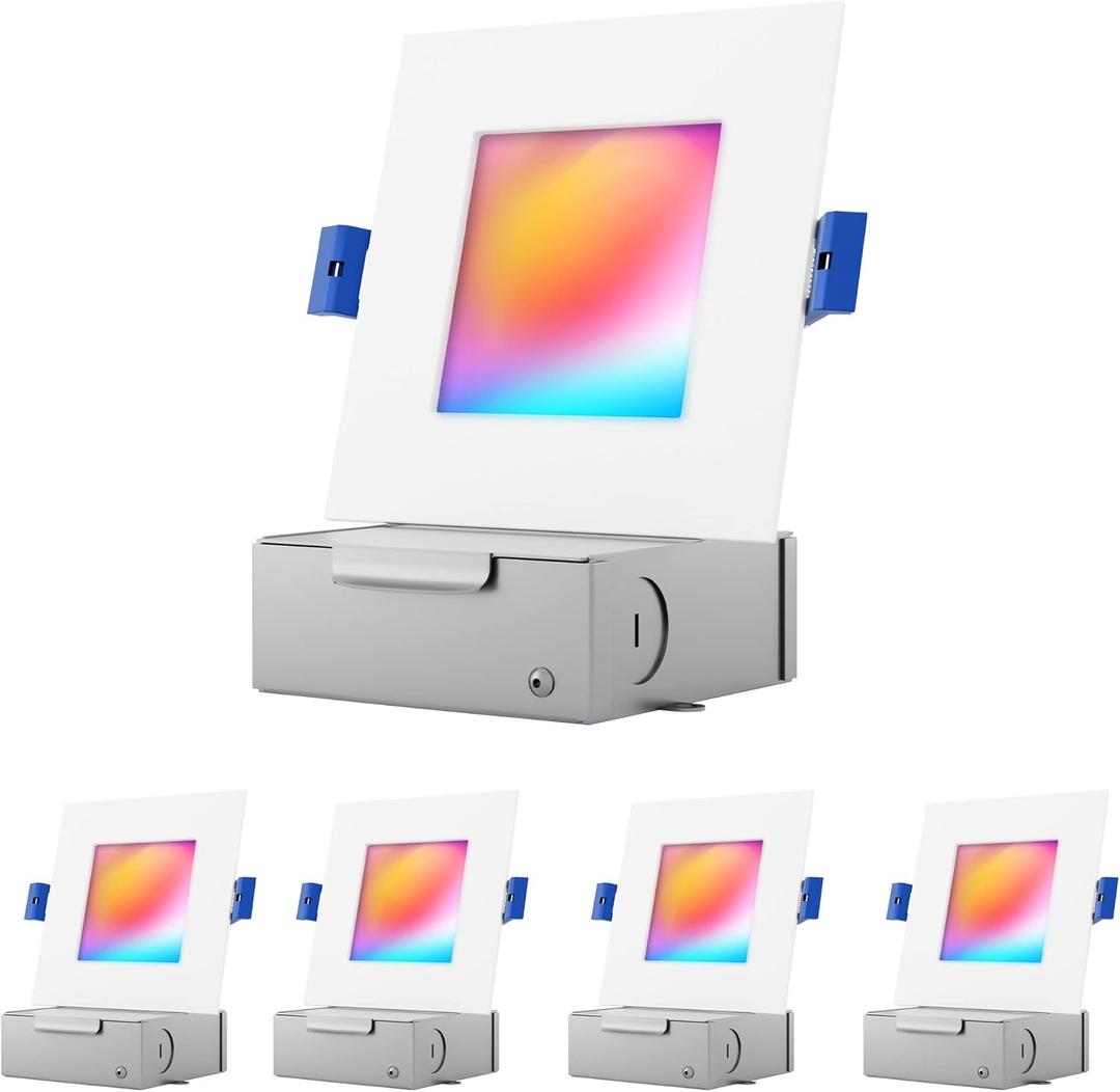 4" LED Smart Slim Recessed Pot Light, Square, WiFi APP & Voice Control, 120VAC, 9W, 600LM, RGB + 2700K-6000K, ETL & FCC & IC Rated, Wet Location, Works With Alexa/Google Home, White - 4 Packs (RGB (Red, Green, Blue))