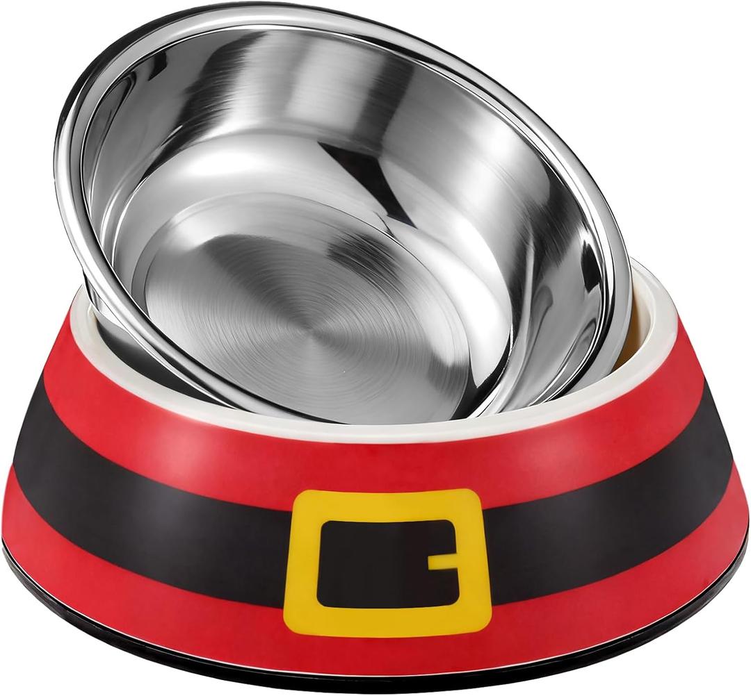 Qinyoung Christmas Pet Food Bowl for Small Dog Cat, 7oz Red Santa Belt 2 in 1 Dog Food Water Bowl Stainless Steel Ceramic Stackable Pet Dish Water Feeder Non Slip Easy Clean 5.51 x 4.33 x 1.77 Inch