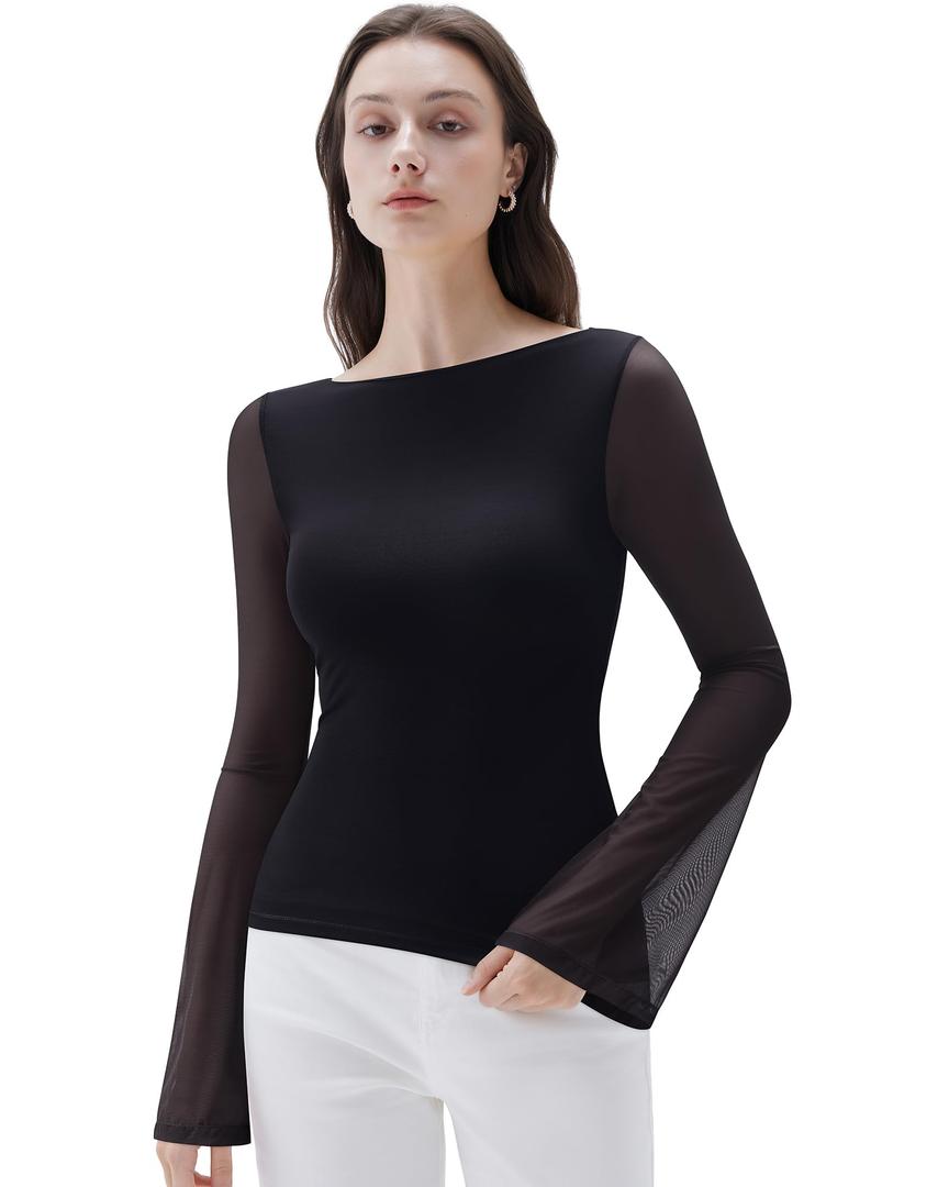 SUUKSESS Women Mesh Sheer Bell Sleeve Tops Double Lined Boat Neck Going Out Shirts Fall Fashion Outfits 2025 (Black, S) (Black, S)