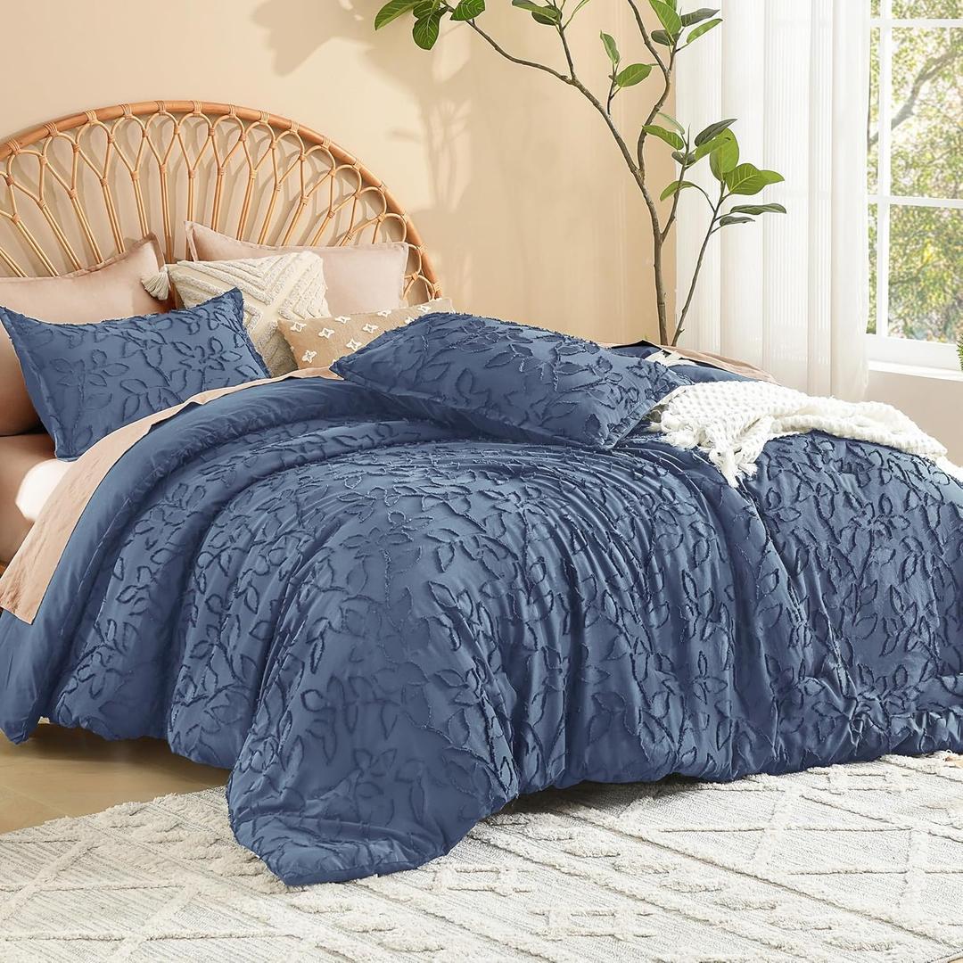 Litanika King Size Comforter Set Ocean Blue, 3 Piece Cream Boho Tufted Bedding, Fluffy Farmhouse Bed Set for All Season with 2 Leaf Pattern Pillowcases104x90In