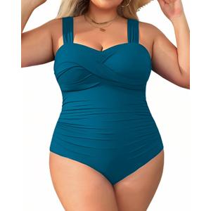 Yonique Plus Size One Piece Swimsuit for Women Tummy Control Bathing Suit Ruched Swimwear Teal 20W