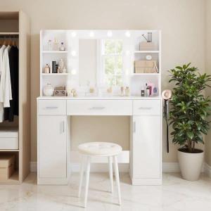 2-Cabinet White Makeup Vanity Dressing Table with Adjustable Mirror, 6-Shelves Power Outlet, for Women Girls Bedroom