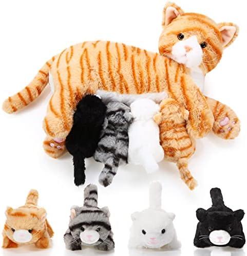 Skylety Nurturing Cat Stuffed Animal with 4 Plush Kittens, Cat Baby Stuffed for Girls Boys Plushy Mommy Kitty with Baby Kittens for Christmas Birthday Party Favors Gifts(Cute Style)