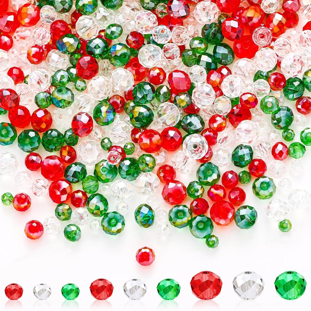 Kigeli 1350 Pcs Christmas Crystal Beads for Jewelry Making AB Bulk Faceted Glass Gemstone Beads for Christmas DIY Necklace Bracelet Earring (Red, Green, White, 4/6/8 mm)