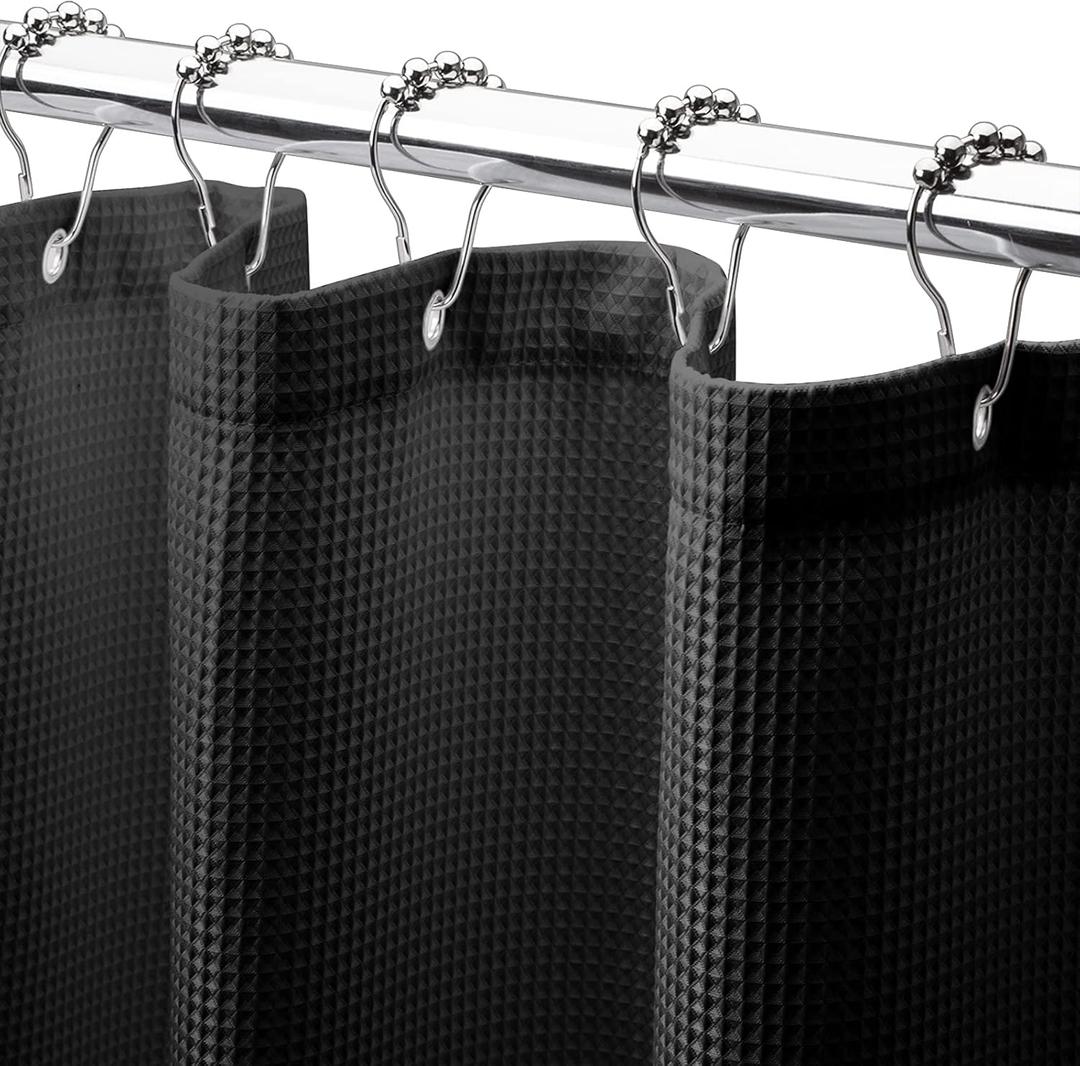 AmazerBath Black Shower Curtain Thick 240GSM, Fabric Shower Curtain with Waffle Weave, Bathroom Shower Curtains, Hotel Quality Heavy Duty, 72 x 72 Inches