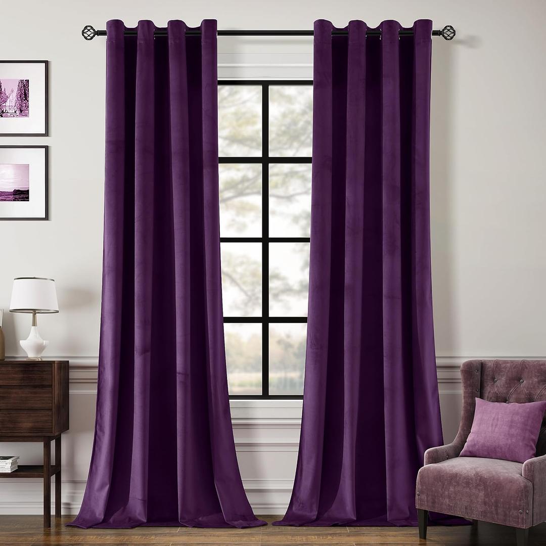 Deep Purple Velvet Curtains 108 inches Long Grommet Blackout Curtains for Bedroom Light Blocking Thermal Insulation Drapes Set of 2 Panels 52x 108