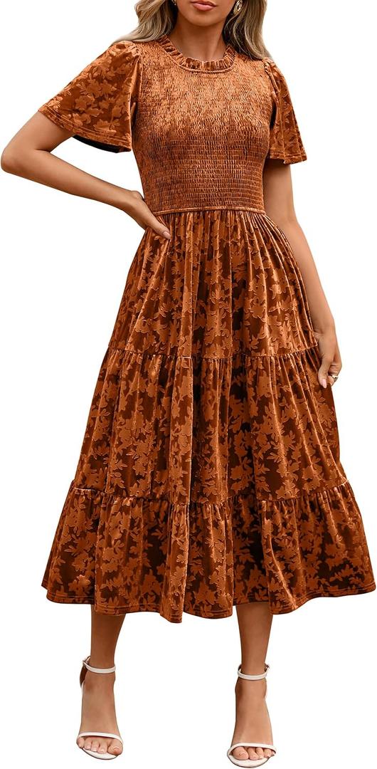 Simplee Velvet Dress for Women Semi Formal Short Sleeve Floral Smocked Empire Waist Fall Winter Wedding Guest Dresses (Medium, Earthy Orange) Simplee Velvet Dress for Women Semi Formal Short Sleeve Floral Smocked Empire Waist Fall Winter Wedding Guest Dresses (Medium, Earthy Orange)