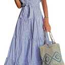 utcoco Womens Casual Short Sleeve Button Down Tie Waist Ruffled Striped Maxi Shirt Dress, Large