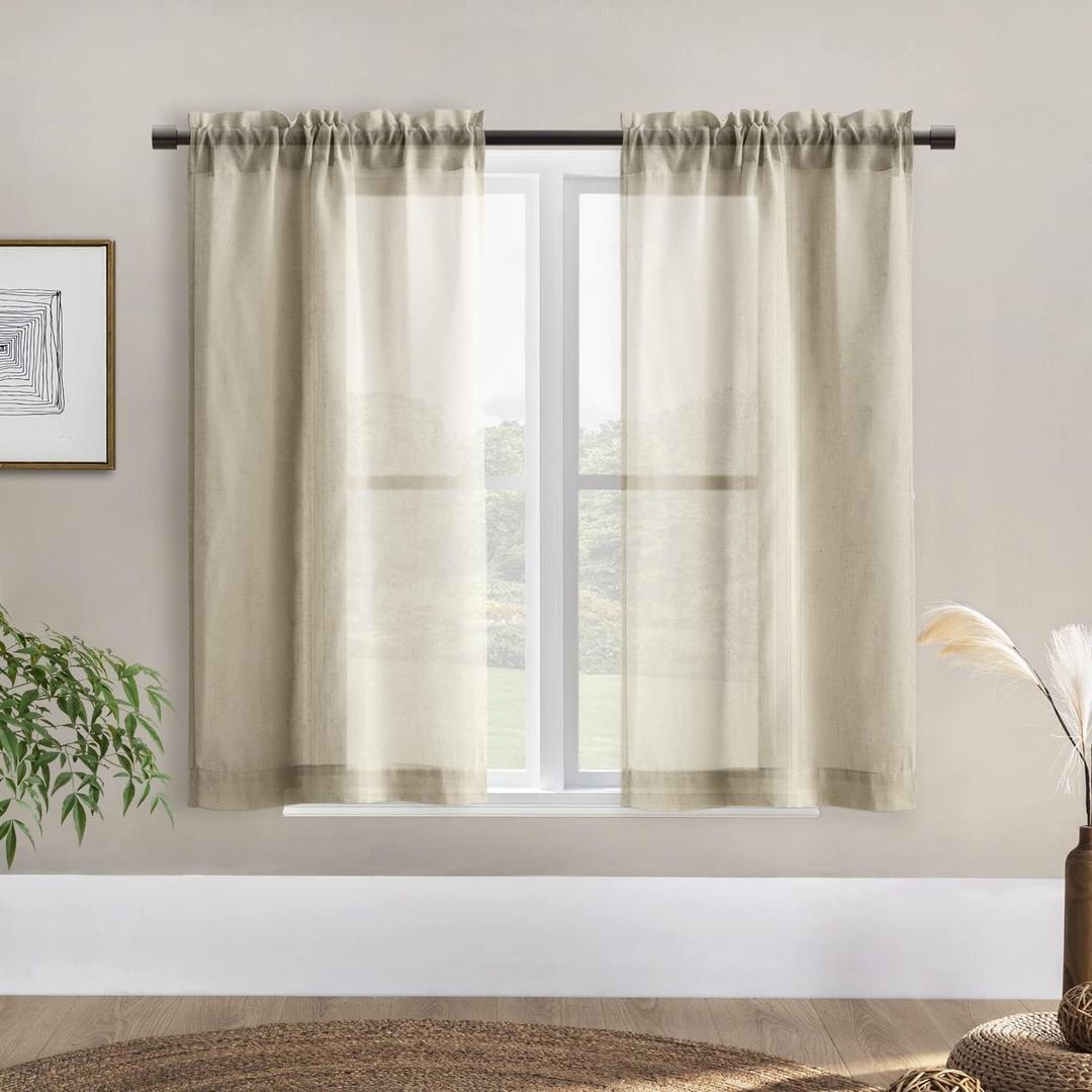 Rustic Curtains for Kitchen Window, Rod Pocket Linen Sheer Country Curtains for Short Windows,2 Panels Set,42 Inch Long, Tan