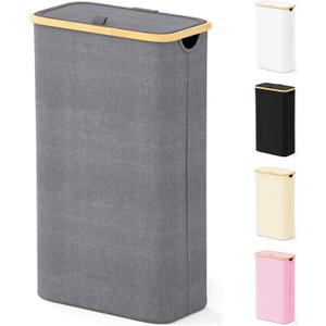 SpaceAid Slim Laundry Hamper with Lid, 65L Narrow Clothes Basket Bin with Bamboo Handles, Skinny Tall Collapsible Hamper for Bedroom, Bathroom, Dorm, Laundry Room - Grey (65L Slim)