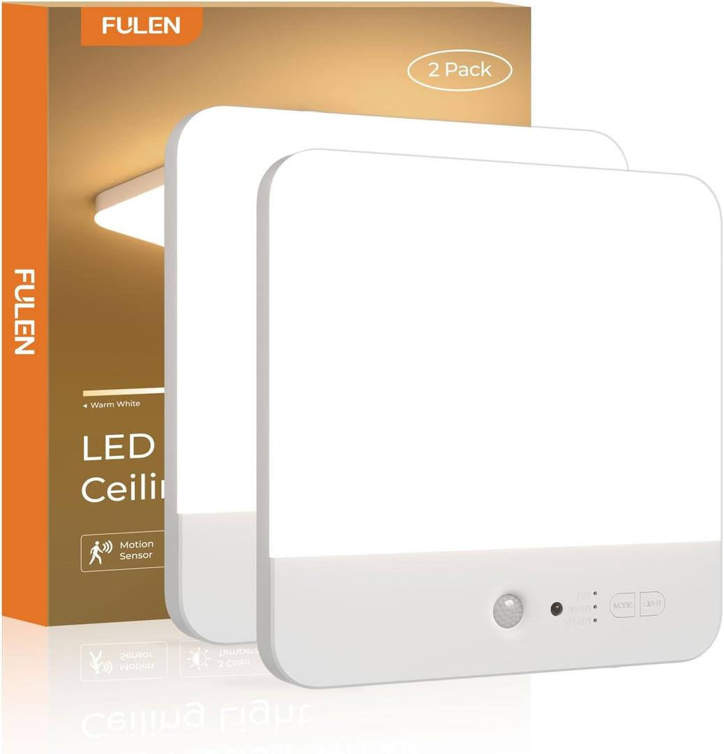 FULEN Motion Sensor Ceiling Light Fixture, Cordless Closet Light Battery Operated, Rechargeable Magnetic Mount LED Shower Light for Bathroom, Stairs, Garage, Hallway, Color Change, 2 Pack, White
