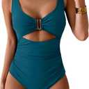 Eomenie Women's One Piece Swimsuit Tummy Control Ruched Bathing Suit Cutout V Neck Swimwear High Cut Tie Back Swim Suit (X-Large, Blue)