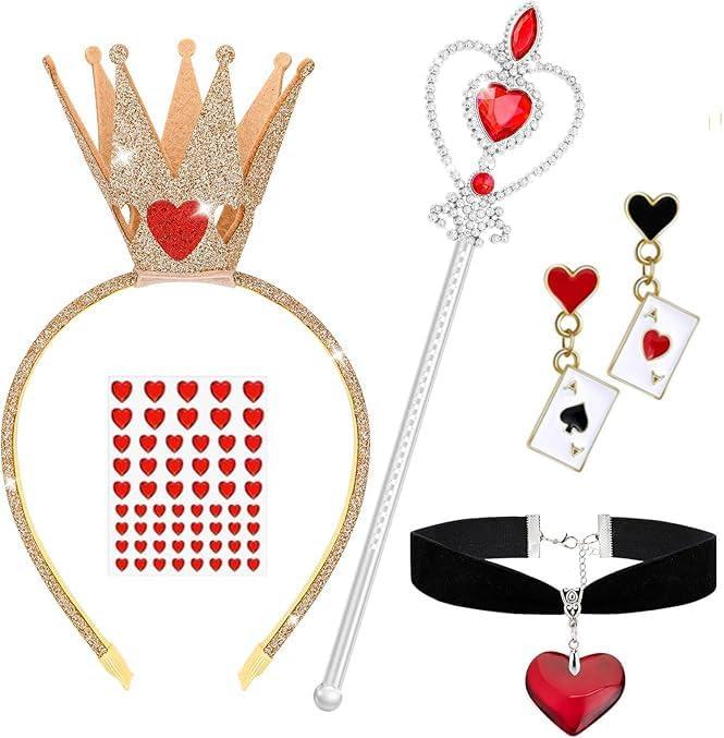 5 Pcs Queen Of Hearts Accessories for Women,Red Queen Of Hearts Costume Crown Wand Headband Necklace Earring sticker for Halloween Party Cosplay Dress Up/silver