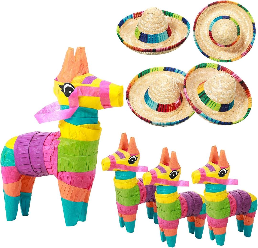 Chivao 8 Pcs 4 x 7 Inch Mini Donkey Piata and Sombrero Hats Mexican Hat Decorations Fiesta Decorations Mini Mexican Piata for Kids Birthday Fiesta Taco Supplies Luau Photo Prop