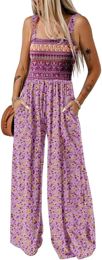 Happy Sailed Jumpsuits for Women Summer Casual Floral Print Sleeveless Jumpsuit High Waist Wide Leg Pant Rompers with Pockets (Pink)