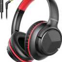 Headphones Wired with Microphone, Over Ear Foldable 3.5mm Plug in Headphones Corded with 4.9ft Tangle-Free Nylon Cord for Tablet, Laptop, MP3/4, School, Airplane Travel (Black Red)