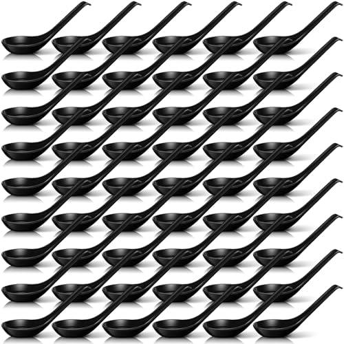 Hushee 90 Pcs Asian Soup Spoon Large Chinese Noodle Ramen Reusable Japanese Wonton Rice Dumpling Pho Spoon Bulk with Hook for Home Restaurant Kitchen (Black)