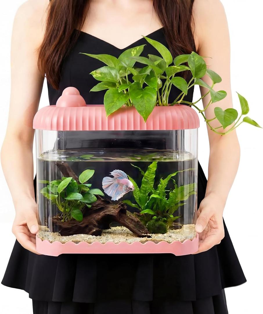 Geelin Pink 2 Gallon Plastic Aquaponic Betta Fish Tank Large Bowl Shatterproof Small Ecosystem Aquarium with Secure Buckle Lid, Clear Clarity for Terrarium, Flower Vase Betta Fish Tabletop Gifts