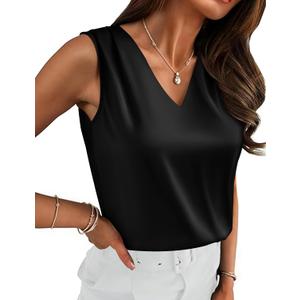 Zeagoo Women's Silk Satin Camisole Tank Tops V Neck Pleated Dressy Casual Sleeveless Blouses Summer Business Work Shirts (Black, S)
