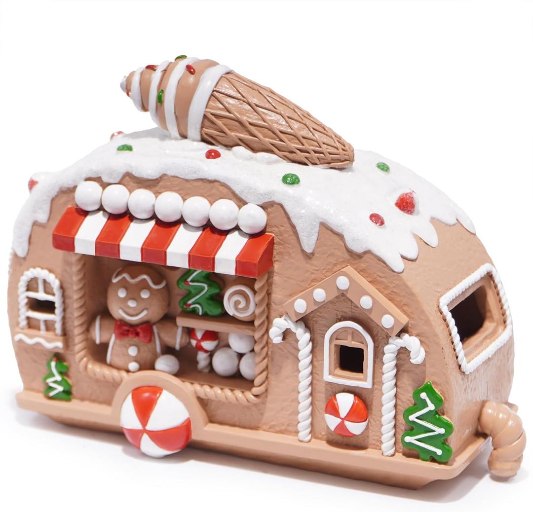 Hodao Christmas Day Gingerbread Decoration Xmas Car Figurines Winter Decor Handmade Polyresin Gingerbread Car for Xmas Decor Gifts - Christmas Party for Home Table top Figurines (Brown-Car)