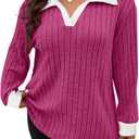 Koscacy Women Plus Size Casual Knit Sweater Lapel V Neck Solid Color Tops Lightweight Long Sleeve Blouses (X-Large Plus, Rose Pink)