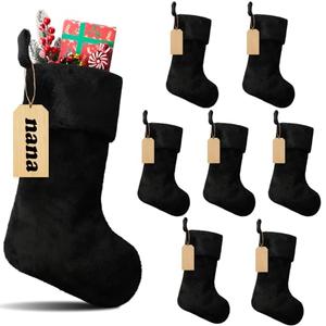 8 Set 18 Inch Black Christmas Stocking Personalized Name Tags Thick Plush Fabric Hanging Stockings Unfinished Wood Tags for Xmas Holiday Party Tree Fireplace (Black)