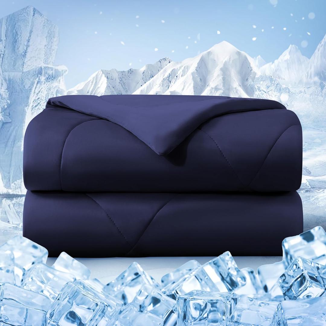 Cooling Comforter Twin Size, Double-Sided Cold Tech Fabric Quilted Bed Comforters Cooling Blanket for Hot Sleepers, Breathable Lightweight Summer Bedding, All-Season Ice Blanket, Navy Blue,Twin(68"x90")