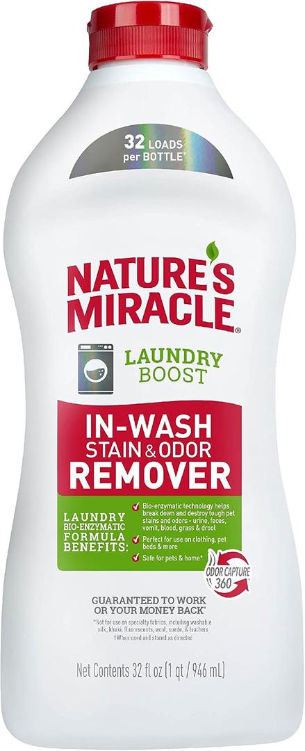 2 x Natures Miracle Laundry Boost In-Wash Stain and Odor Remover, Laundry Stain and Odor Removing Additive For All Machines, Spray, 32 oz