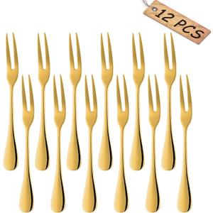 Comicfs 12-Piece Stainless Steel Forks, 5.3 Inches, Seafood Crab Forks Escargot Fork 2 Prong Tasting Appetizer Fork Dessert Cocktail Salad Fruit Fork for Party Travel (Gold)
