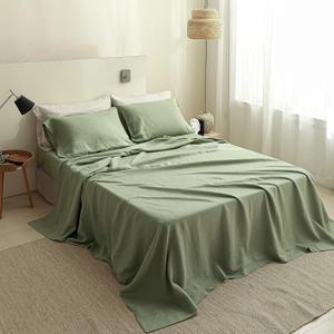 Simple&Opulence French Linen Flat Sheet,100% Natural Flax Bedding Sheet with Stone Washed Queen Size(90''x102'') Ultra Soft Breathable-1 Piece Flat Top Sheet Only Basic Style, Sage Green