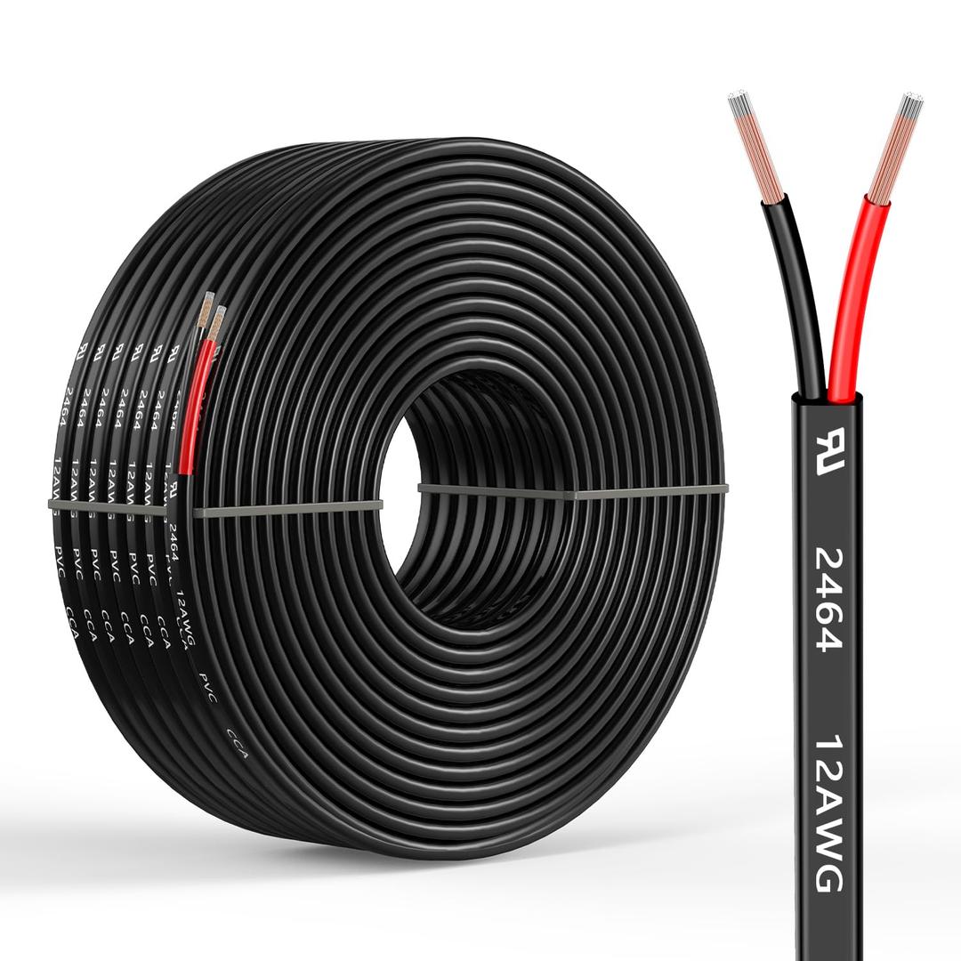 12 Gauge 2 Conductors 100FT Electrical Wire, Flexible Low Voltage PVC Copper Clad Aluminum Extension Cord for Car Speaker Wire, Car Lighting, LED Wire, Outdoor Lighting, Residential Wiring, 12V/24V DC