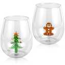 Remerry 2 Pcs Christmas Glass Cups 12oz Christmas Stemless Wine Glasses with Gingerbread Man Xmas Tree Inside Icon Cups Drinkware for Drinking Cocktail Holiday Party Supplies