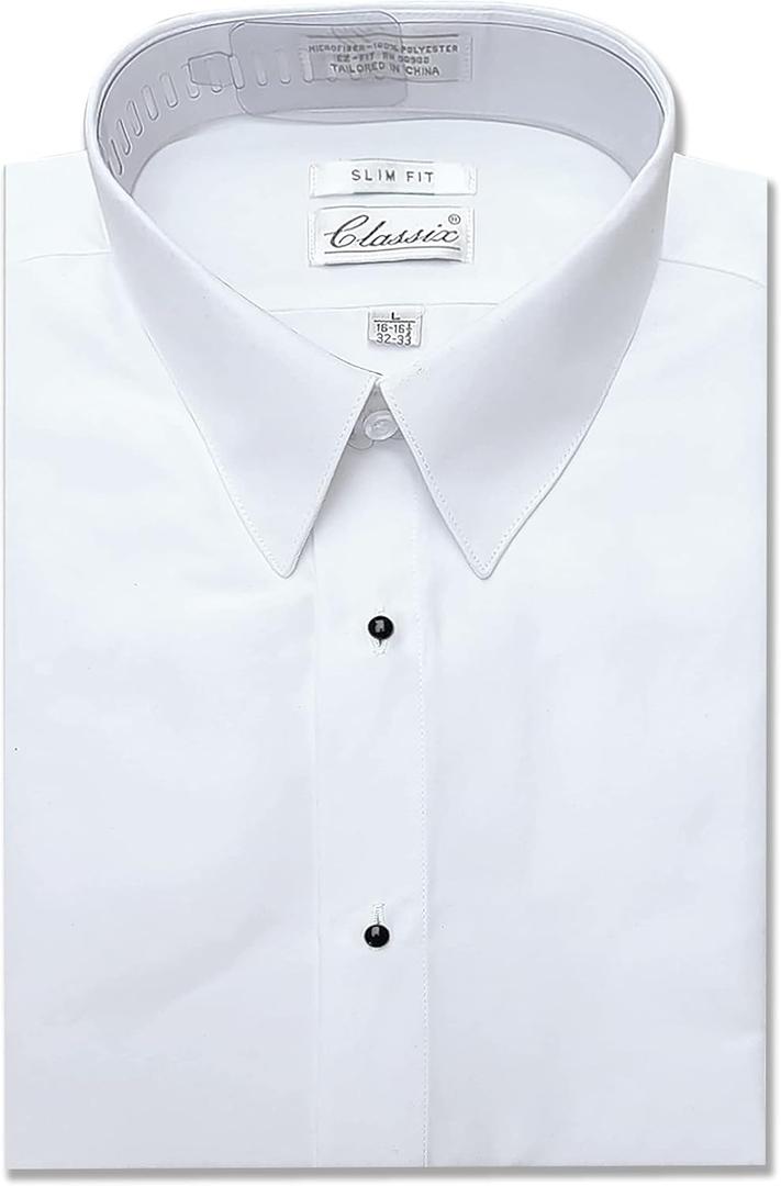 Men's Slim Microfiber Tuxedo Dress Shirt Laydown Collar, Non Pleat (16.5" Neck 33" Sleeve, White)