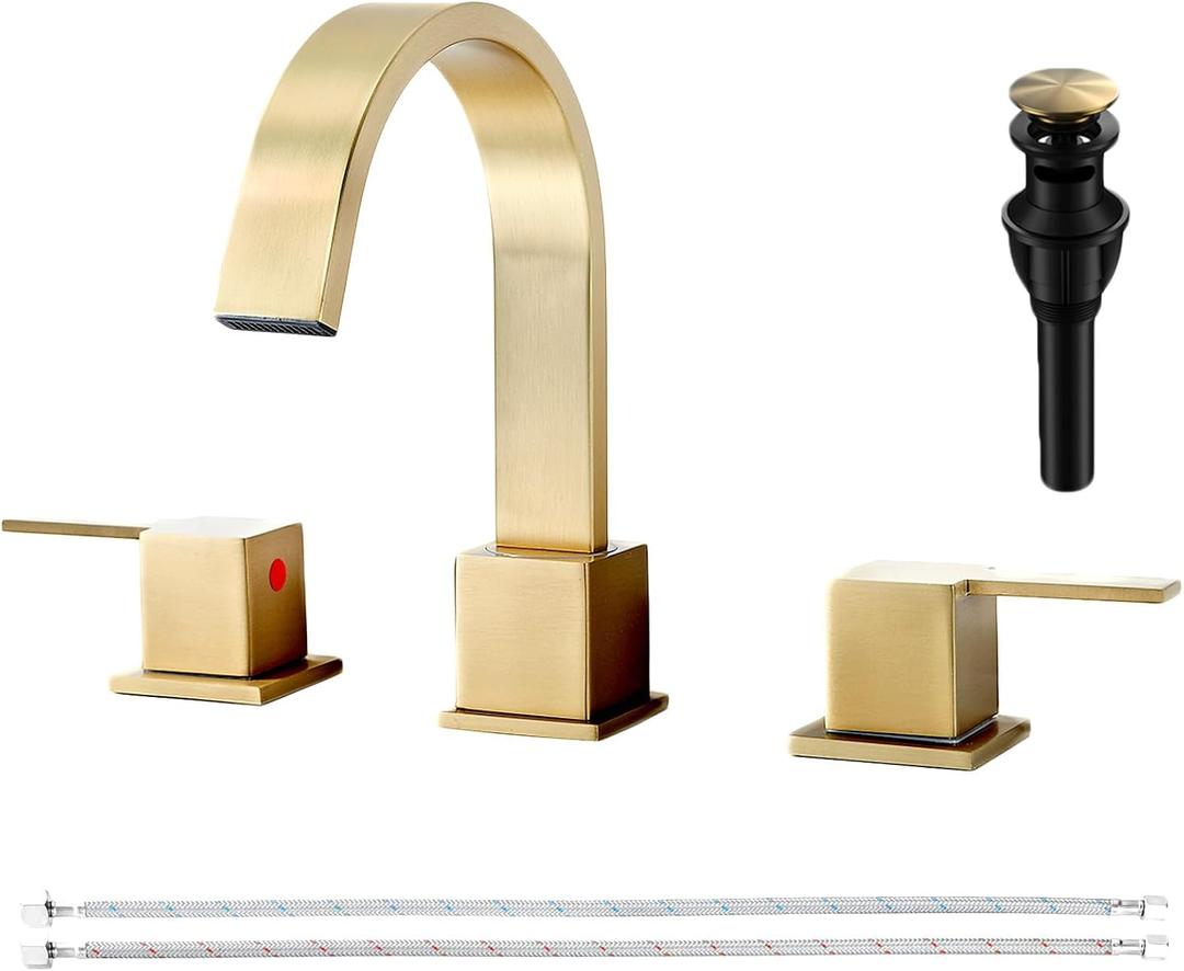 Brushed Gold Bathroom Faucet 3 Hole, VAPSINT 8 Inch Widespread Waterfall 3 Piece Bathroom Sink Faucet, 2 Handle 360 Swivel Spout Vanity Faucets with Pop Up Drain & Supply Hoses, VAP-BY002